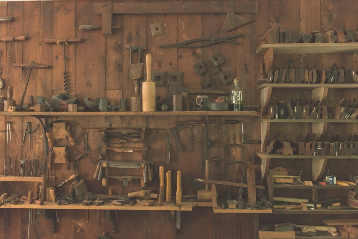 Carpentry tools on a workshop wall