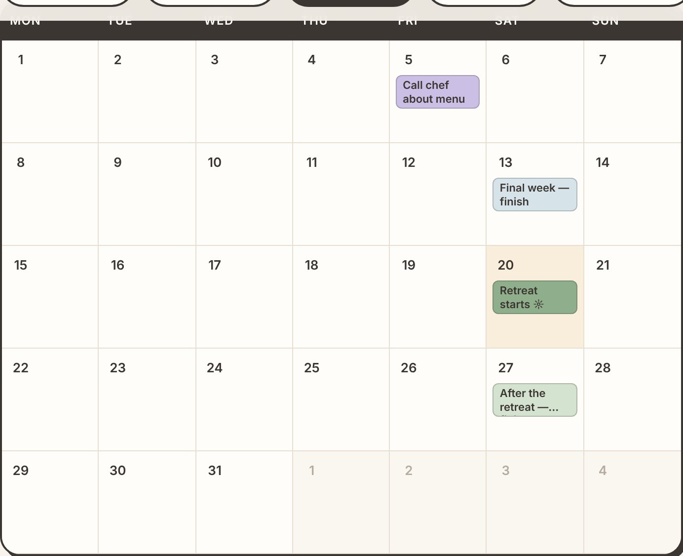 Monthly planning calendar
