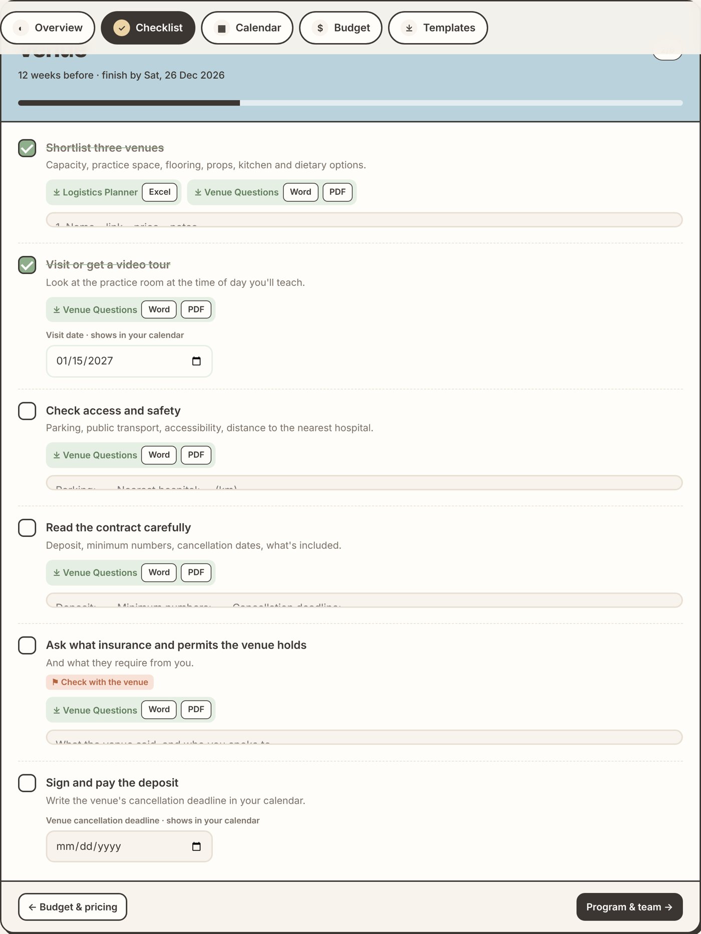 Checklist phase with tasks, fill-in fields and template links