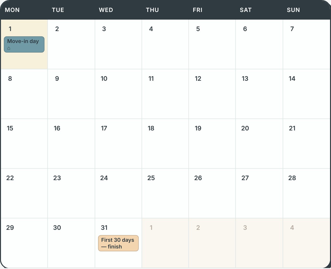 Monthly planning calendar