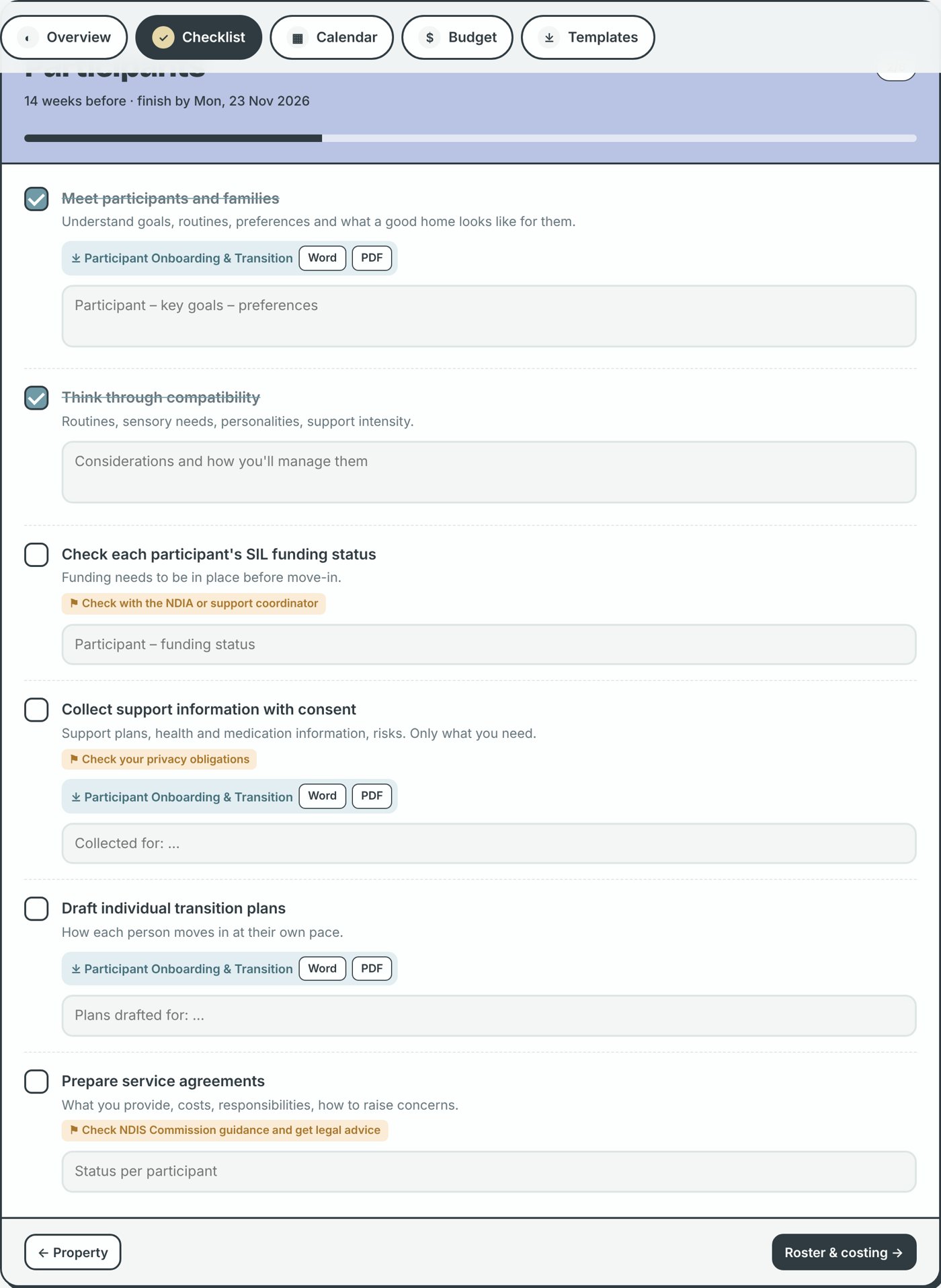 Checklist phase with tasks, fill-in fields and template links
