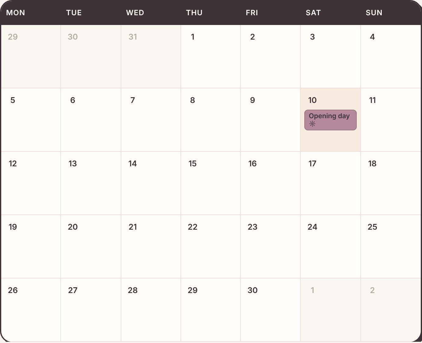 Monthly planning calendar