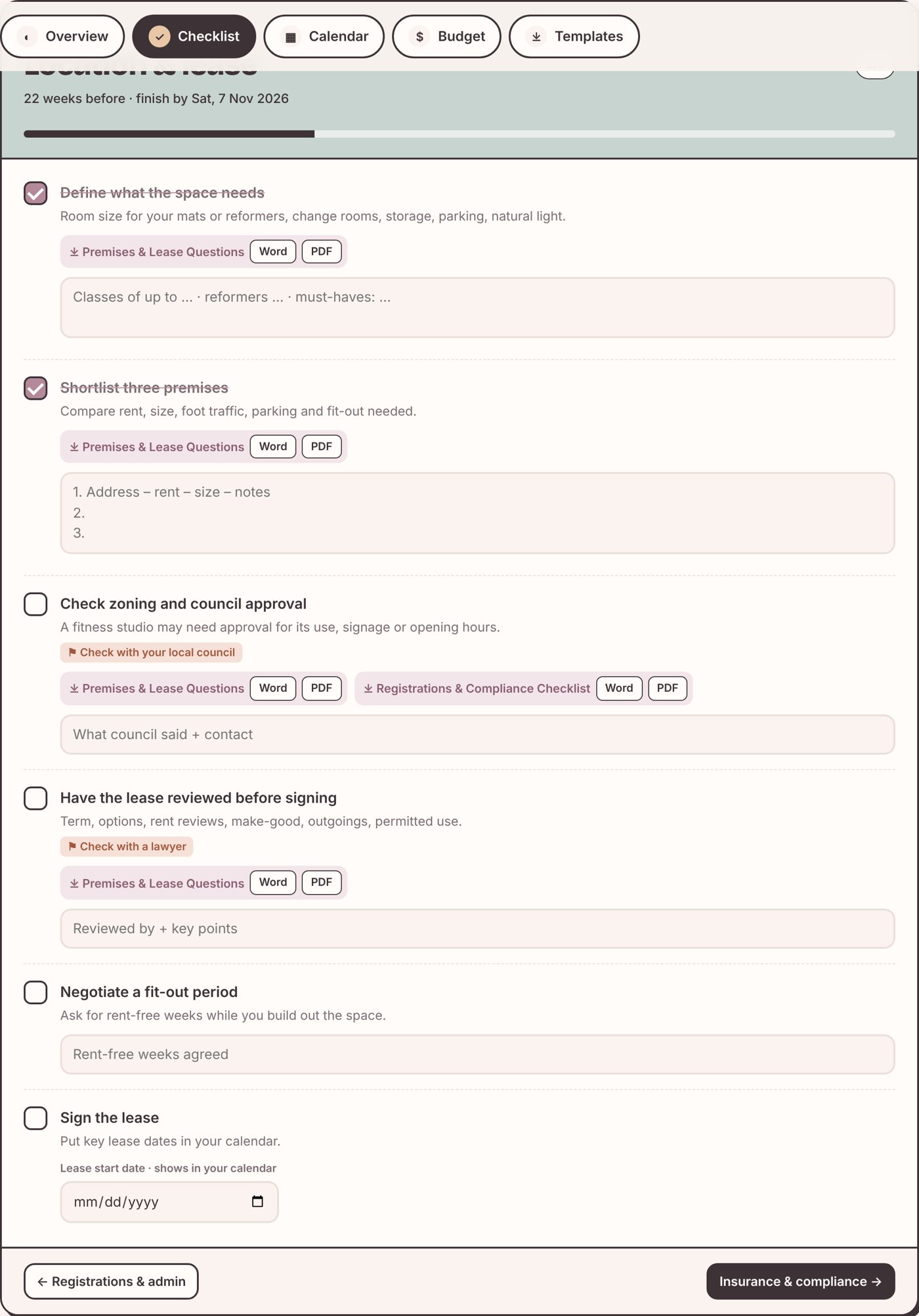 Checklist phase with tasks, fill-in fields and template links